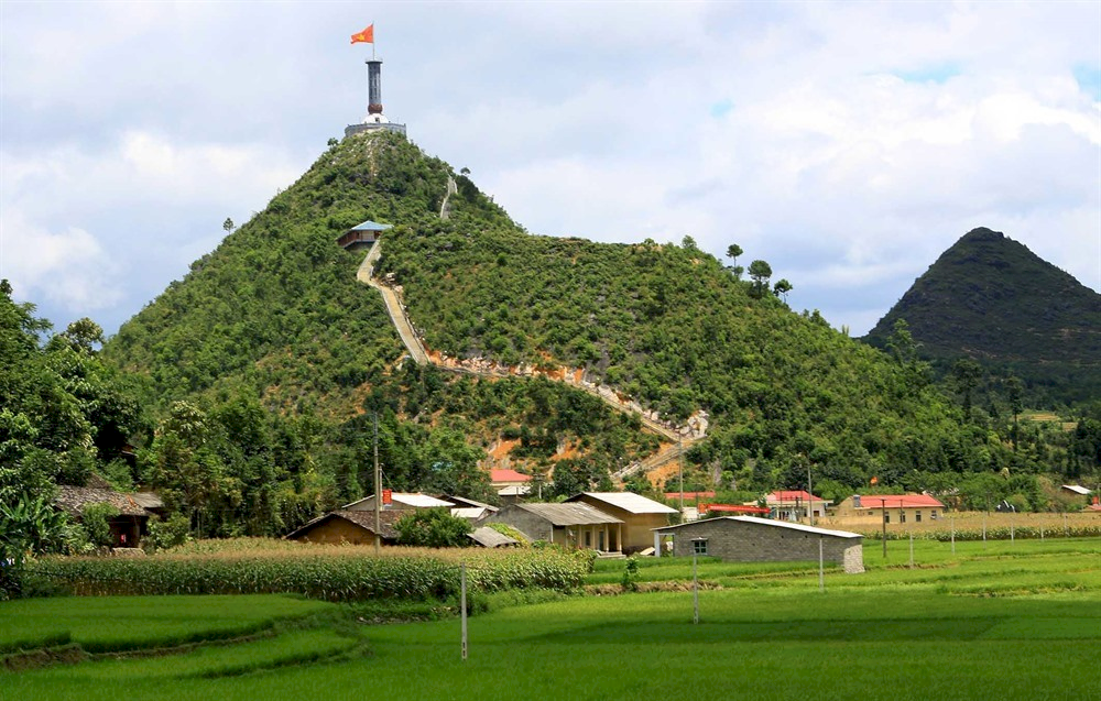 The majestic Lung Cu flag pole seen from the foot of the mountain